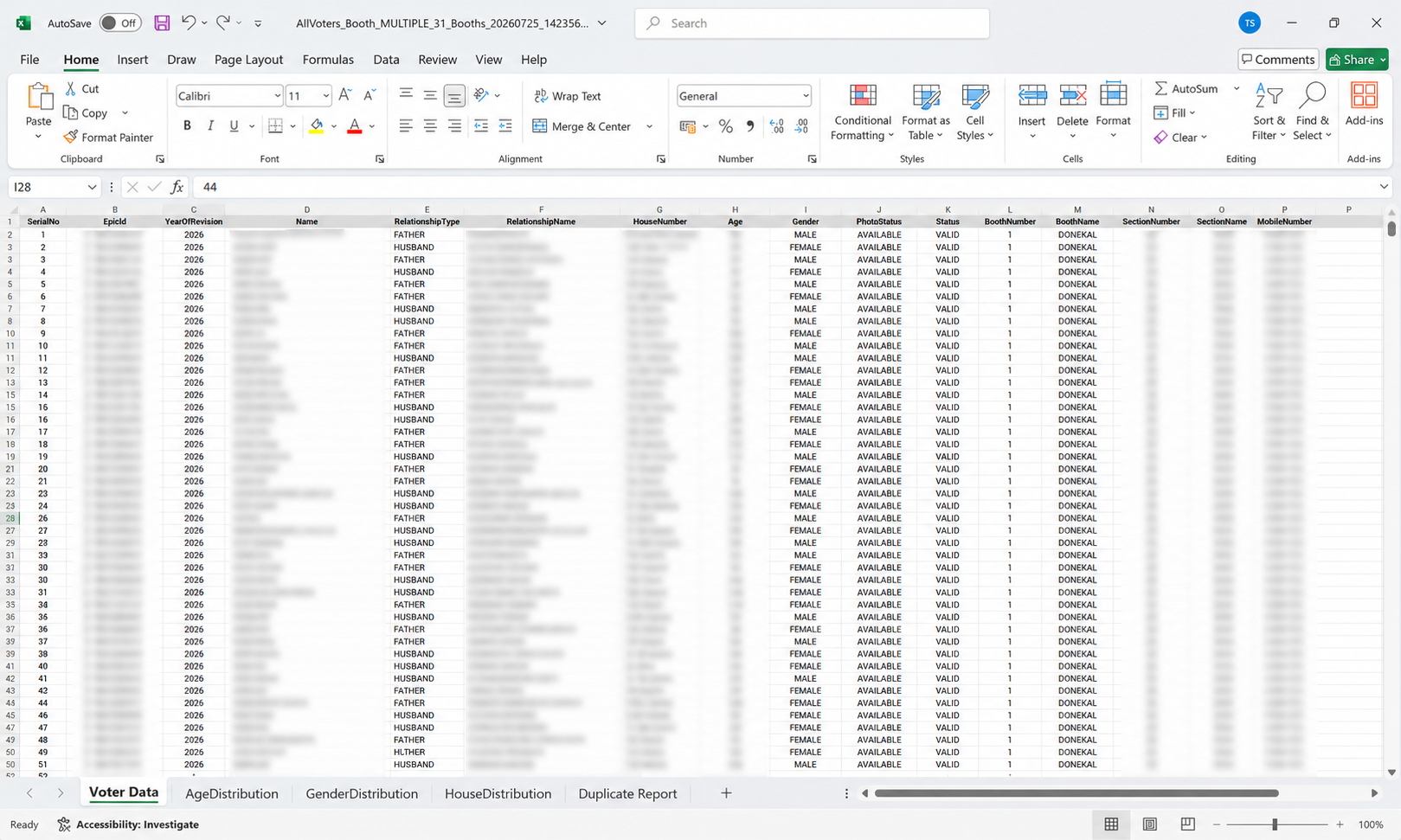 Extracted voter data in Excel